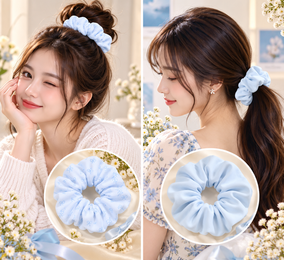 Light Blue Printed & Solid Small Scrunchie Set of 2