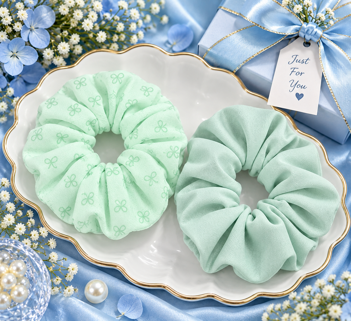 Mint Green Printed & Solid Small Scrunchie Set of 2