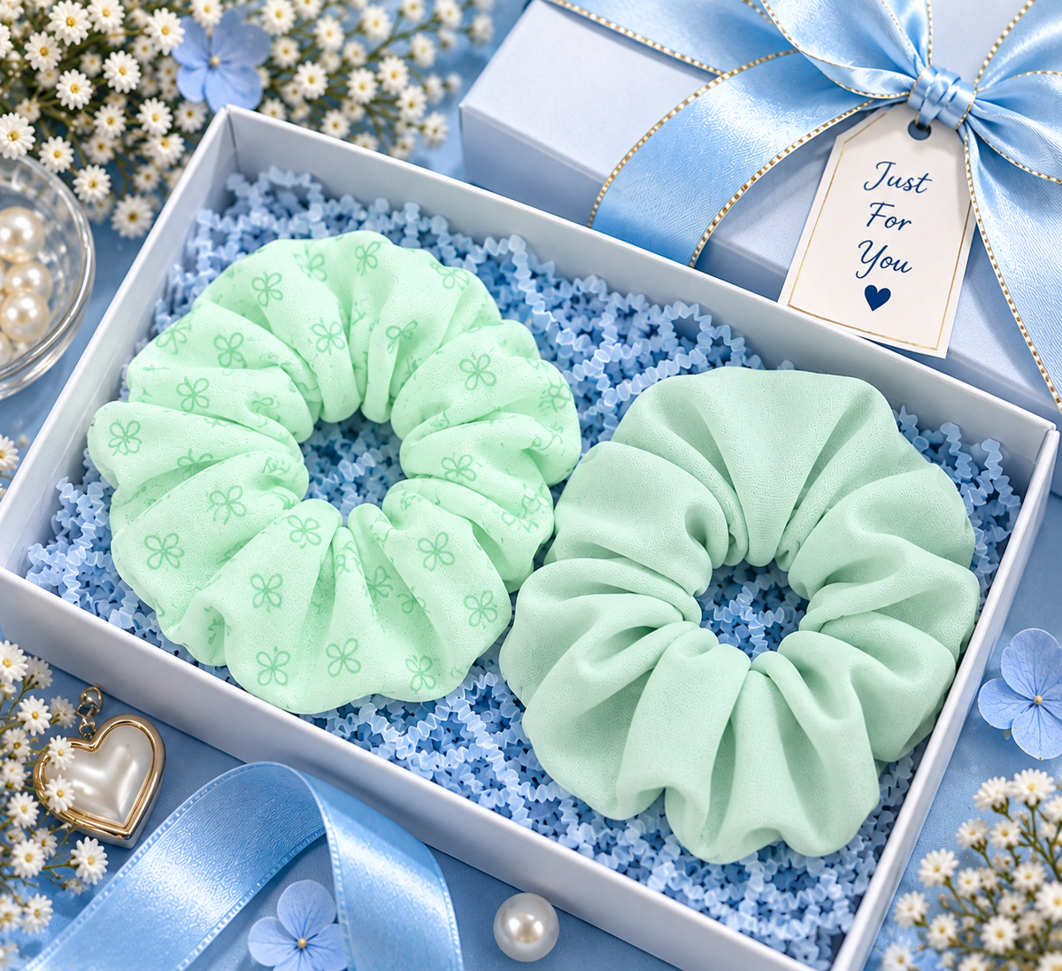 Mint Green Printed & Solid Small Scrunchie Set of 2