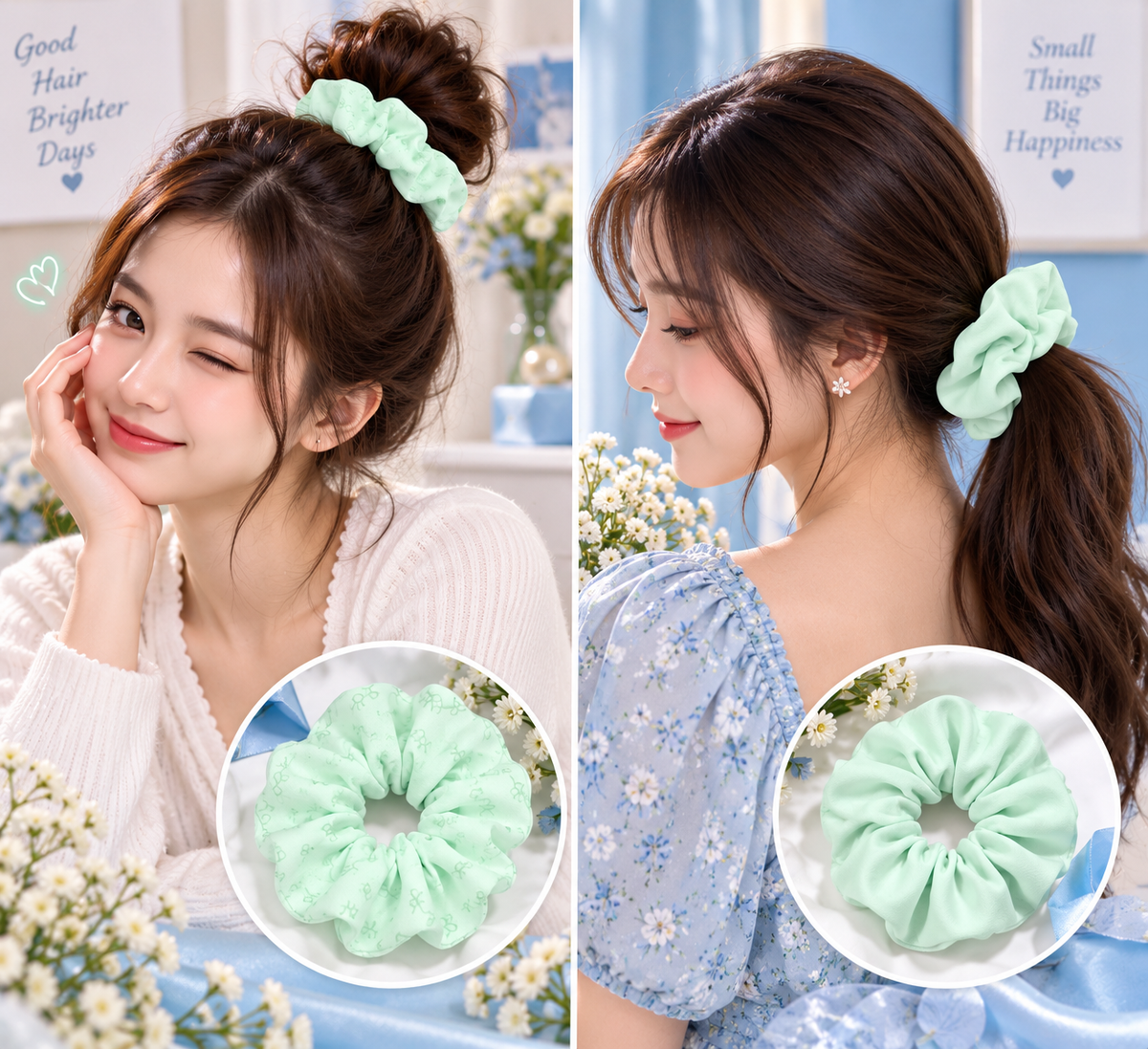 Mint Green Printed & Solid Small Scrunchie Set of 2
