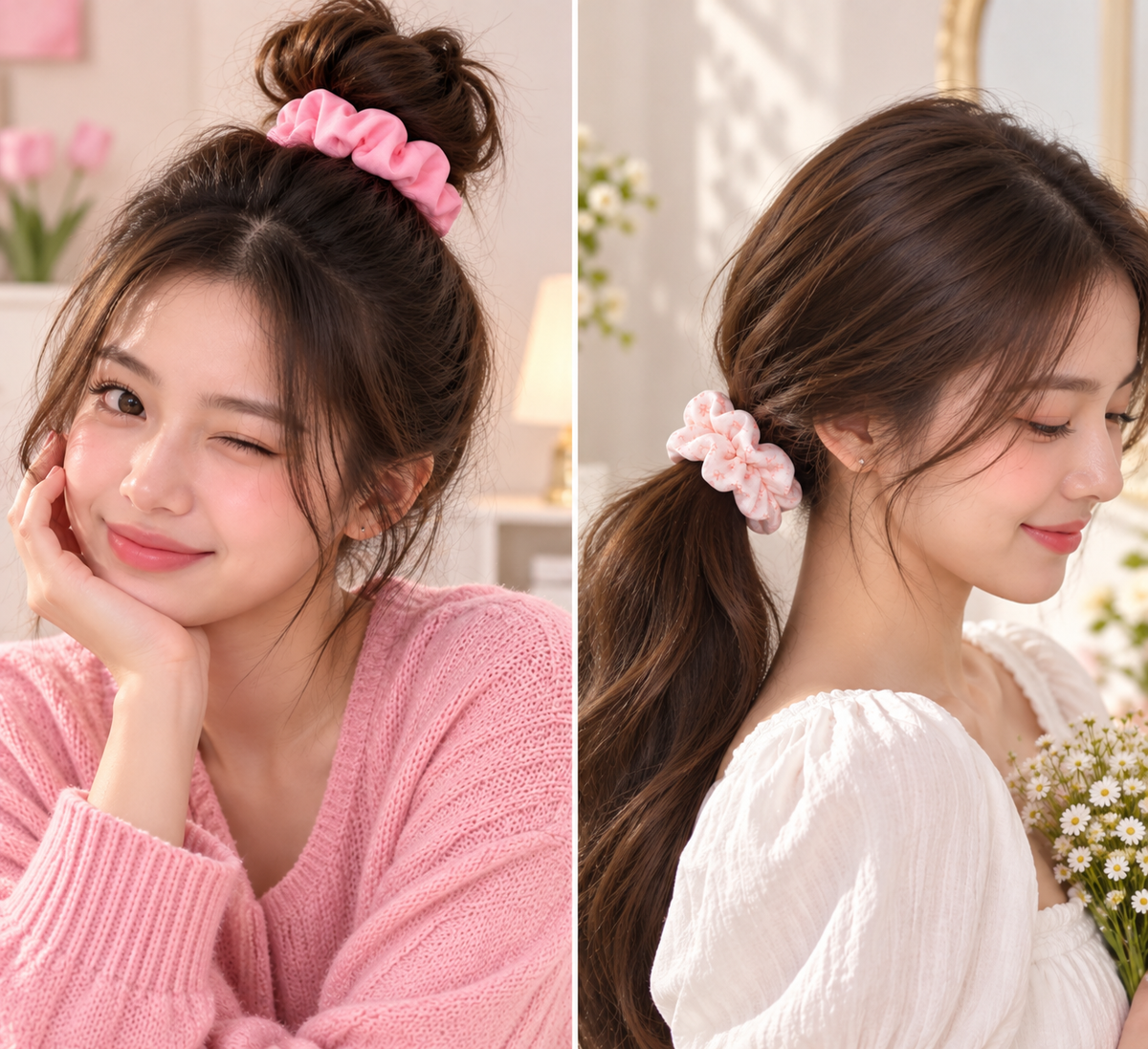 Pink & Light Pink Printed Small Scrunchie Set of 2