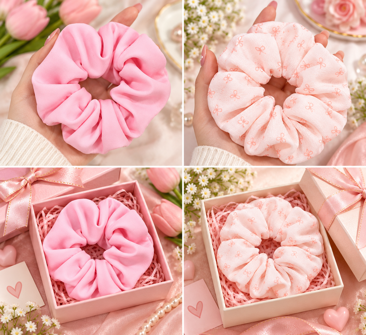 Pink & Light Pink Printed Small Scrunchie Set of 2