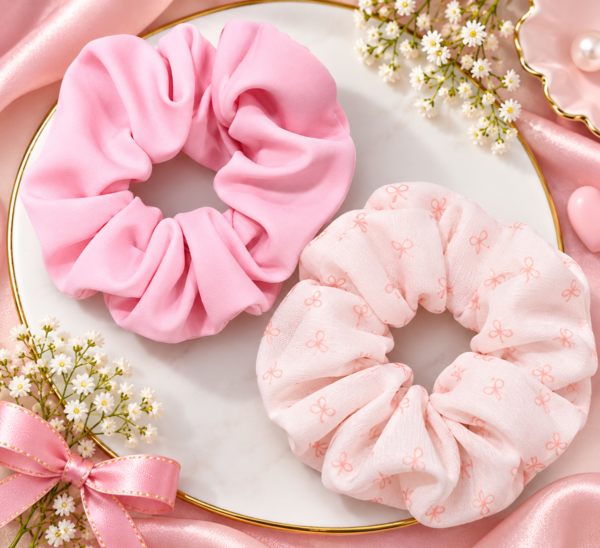 Pink & Light Pink Printed Small Scrunchie Set of 2