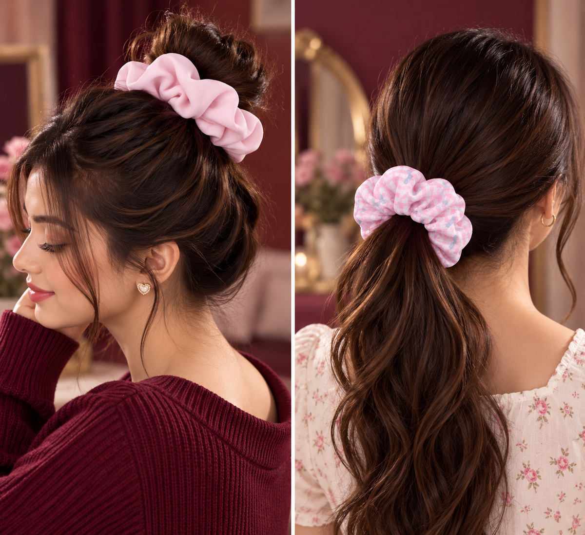 Light Pink & Pink Checkered Butterfly Print Small Scrunchie Set of 2