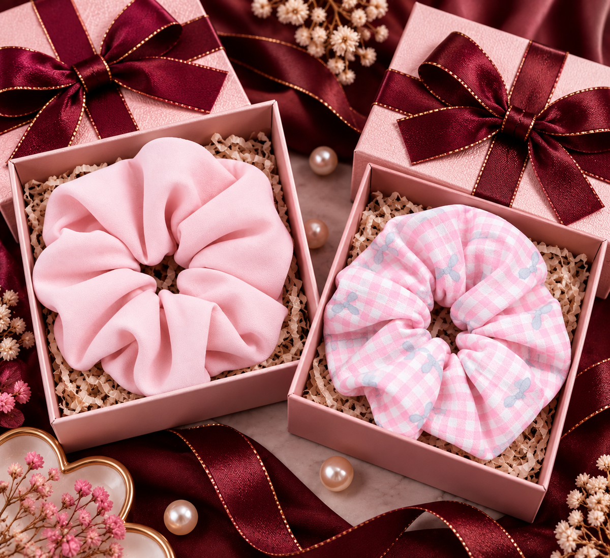 Light Pink & Pink Checkered Butterfly Print Small Scrunchie Set of 2