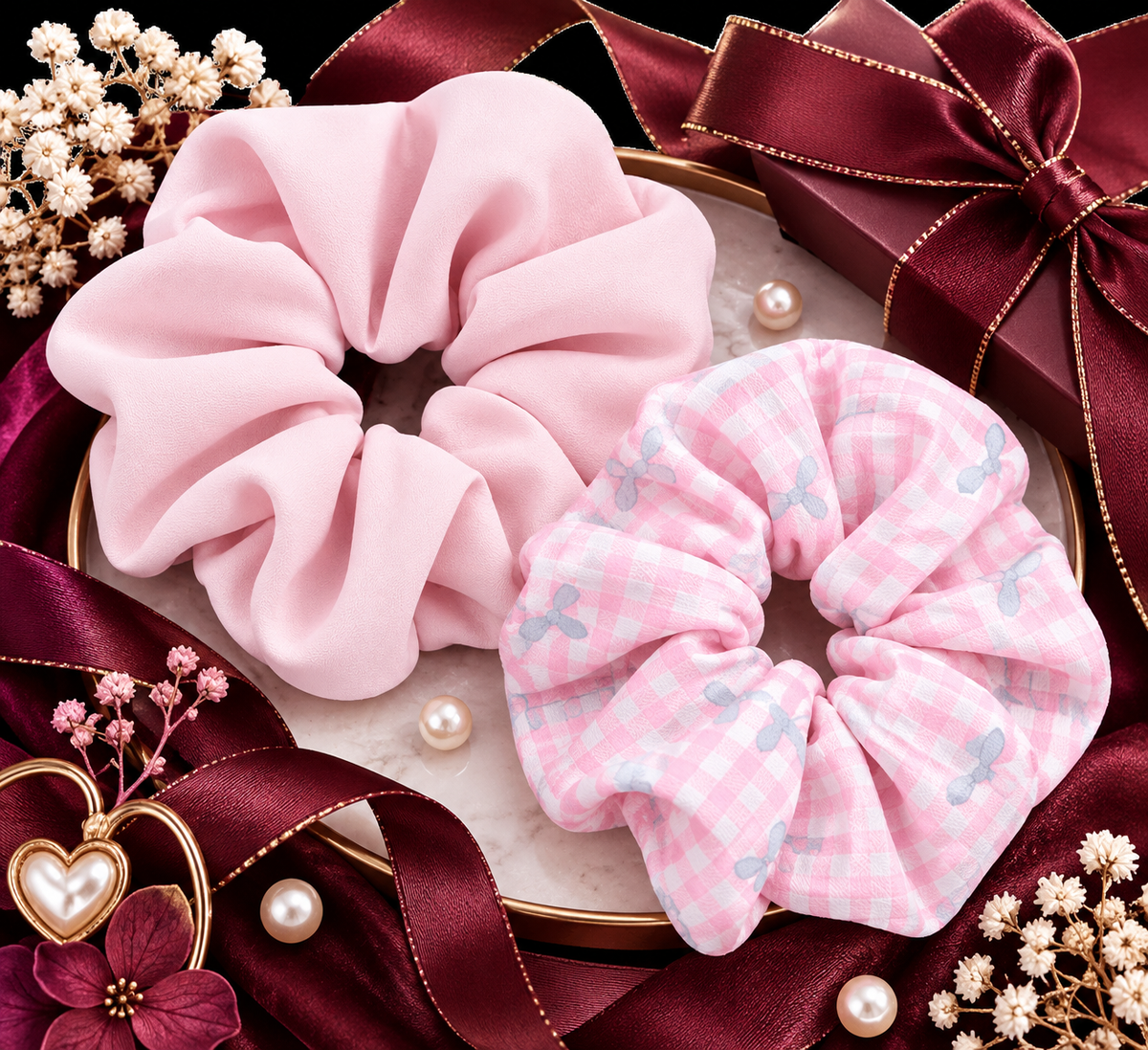 Light Pink & Pink Checkered Butterfly Print Small Scrunchie Set of 2