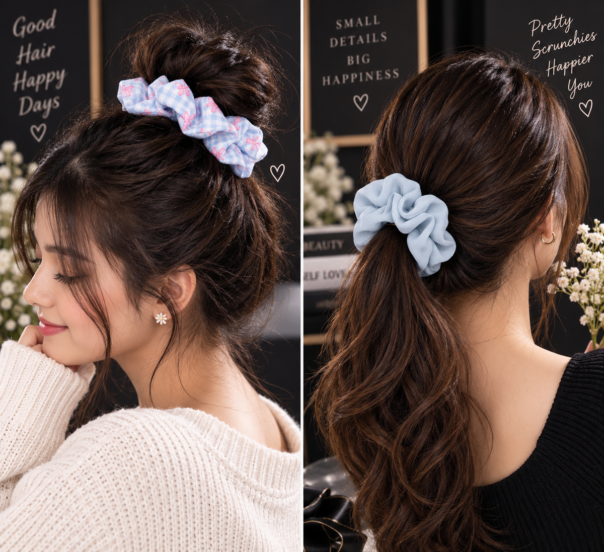Blue Checkered Butterfly Print & Solid Small Scrunchie Set of 2