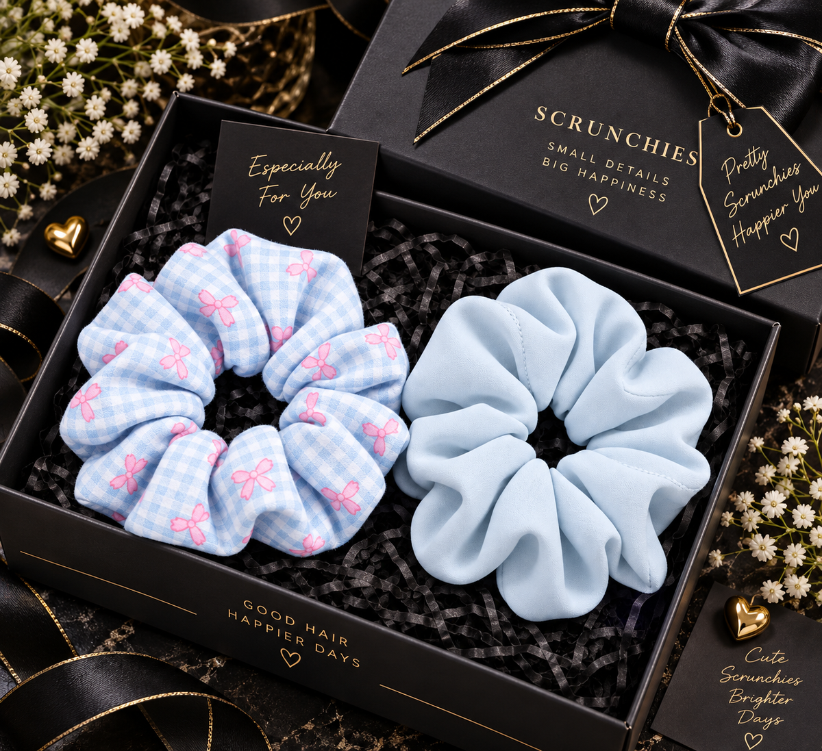 Blue Checkered Butterfly Print & Solid Small Scrunchie Set of 2