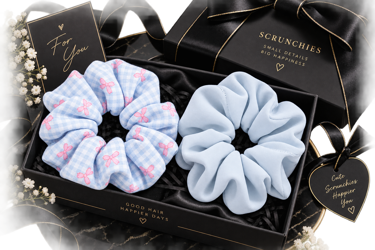 Blue Checkered Butterfly Print & Solid Small Scrunchie Set of 2