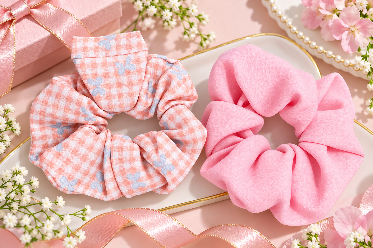 Pink Checkered Butterfly Print & Solid Pink Small Scrunchie Set of 2
