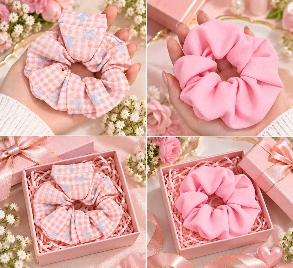 Pink Checkered Butterfly Print & Solid Pink Small Scrunchie Set of 2