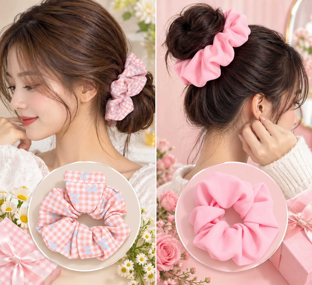 Pink Checkered Butterfly Print & Solid Pink Small Scrunchie Set of 2