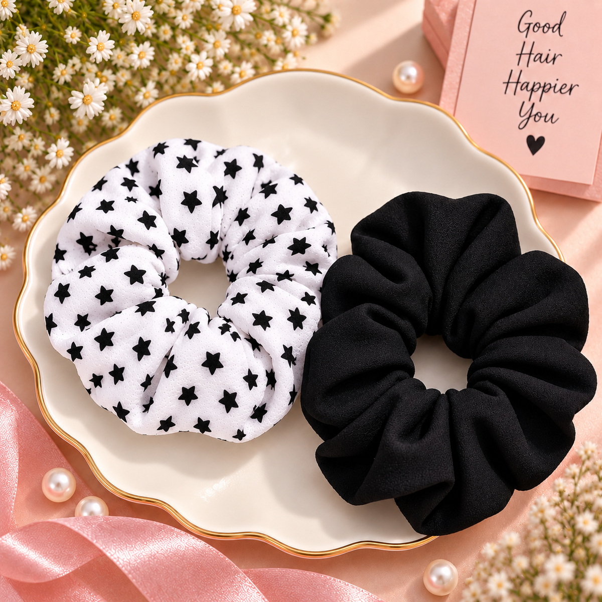 Black & White Star Print Small Scrunchie Set of 2