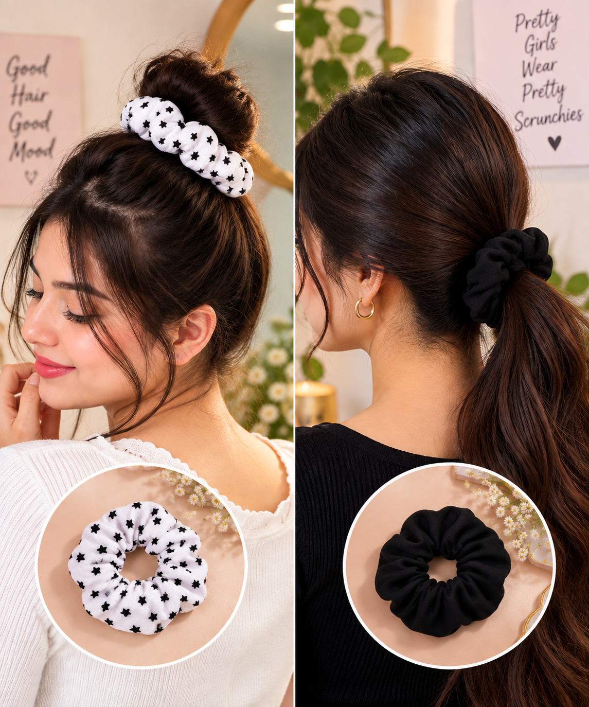 Black & White Star Print Small Scrunchie Set of 2