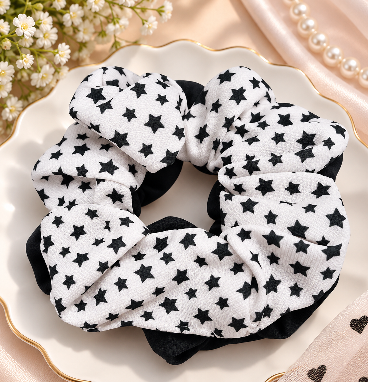 Black & White Star Print Small Scrunchie Set of 2