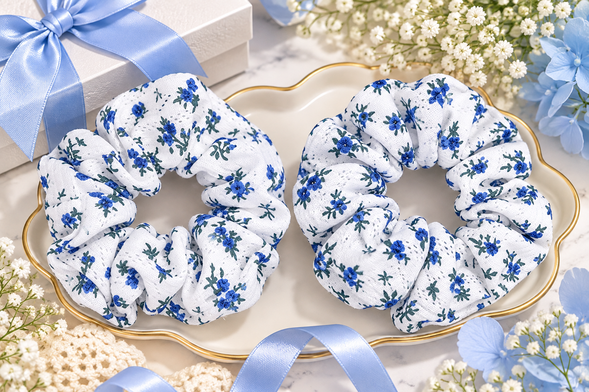White & Blue Floral Print Small Scrunchie Set of 2