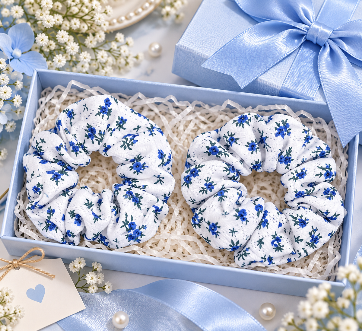 White & Blue Floral Print Small Scrunchie Set of 2