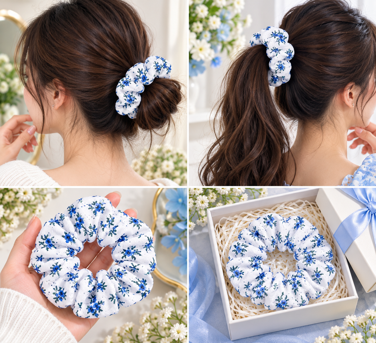 White & Blue Floral Print Small Scrunchie Set of 2