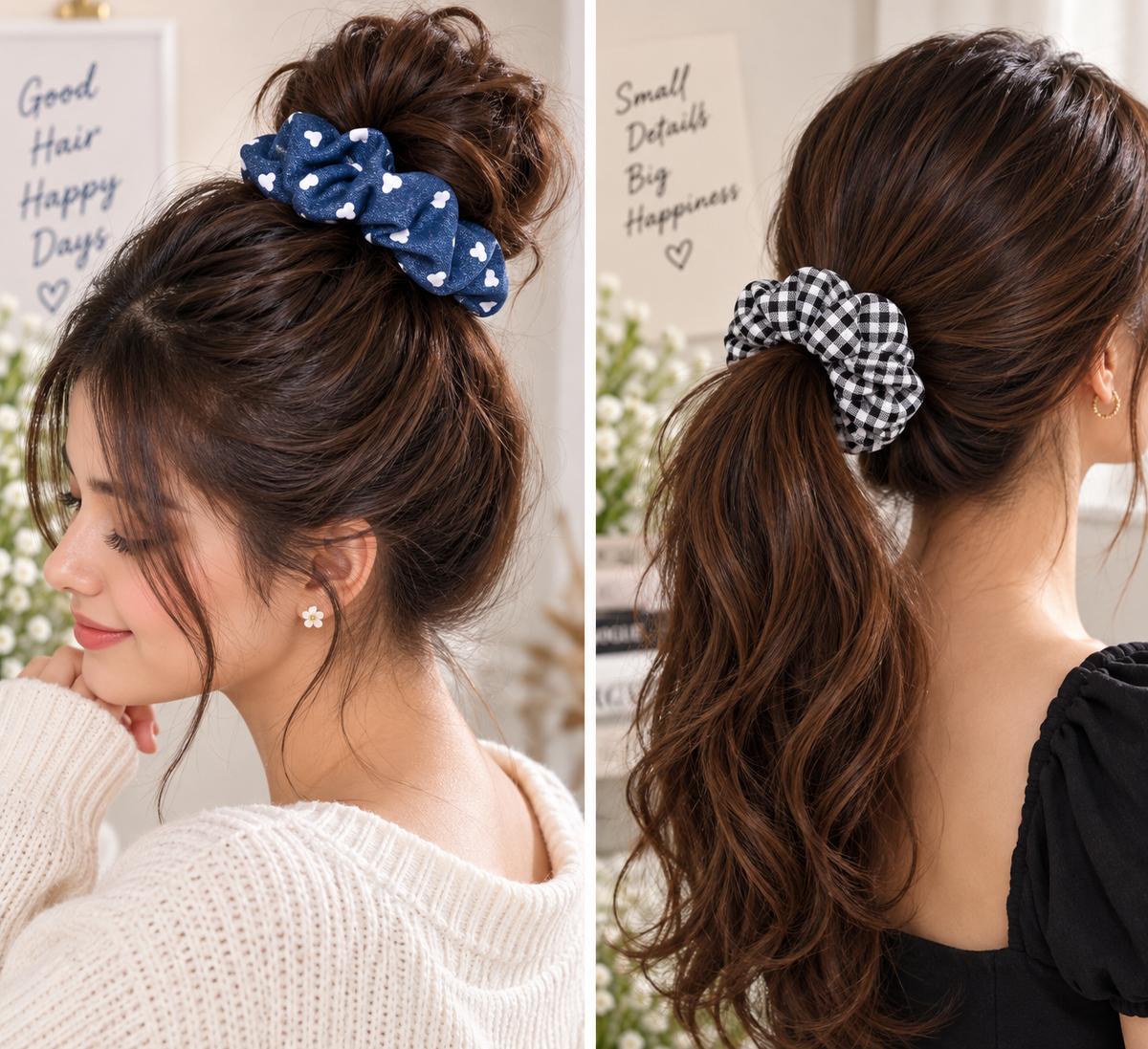 Blue Heart Print & Black White Checkered Big Scrunchie Set of 2
