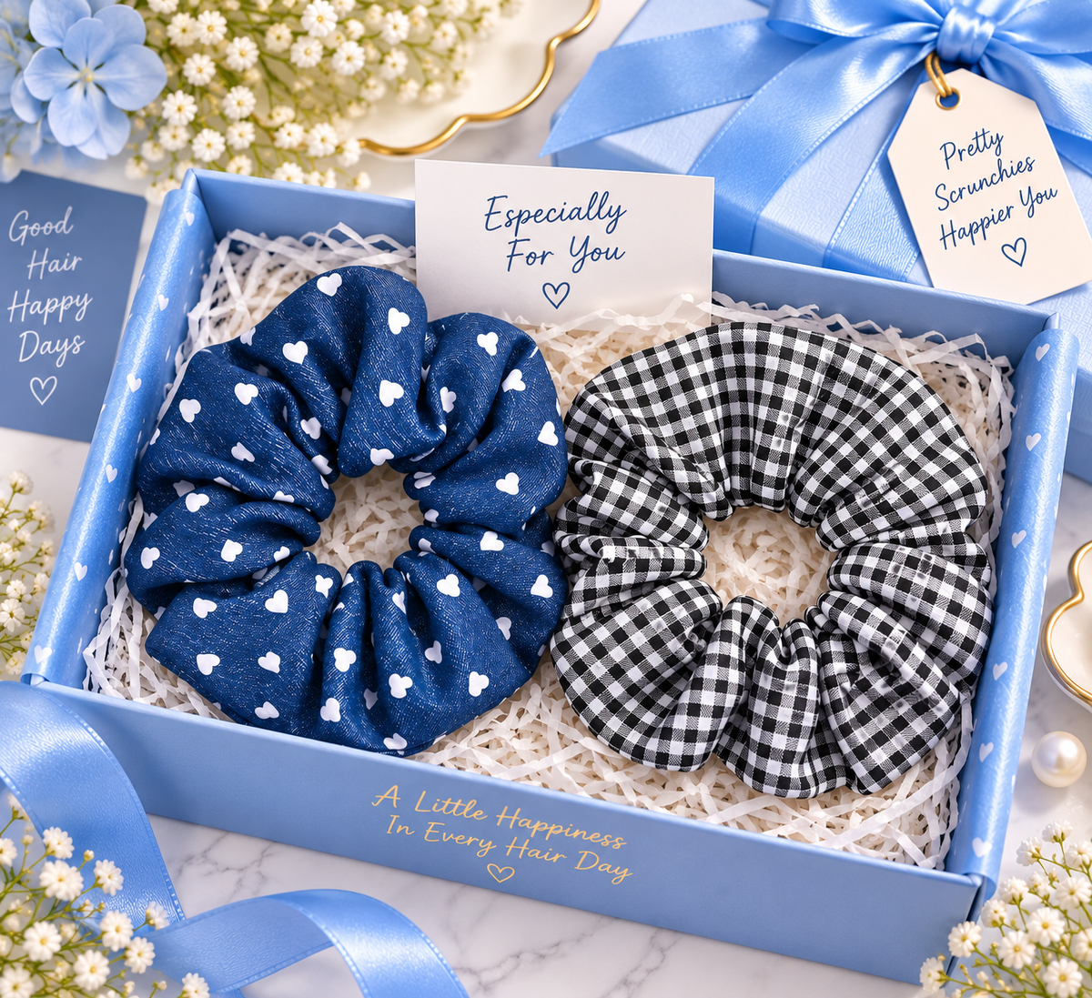 Blue Heart Print & Black White Checkered Big Scrunchie Set of 2