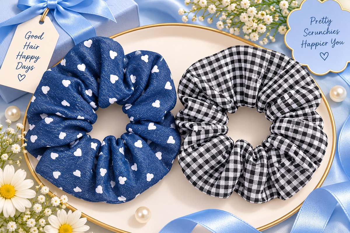 Blue Heart Print & Black White Checkered Big Scrunchie Set of 2