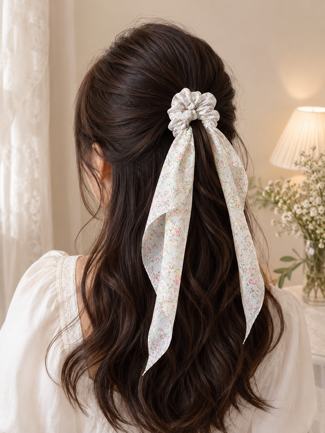 White Floral Scrunchie
