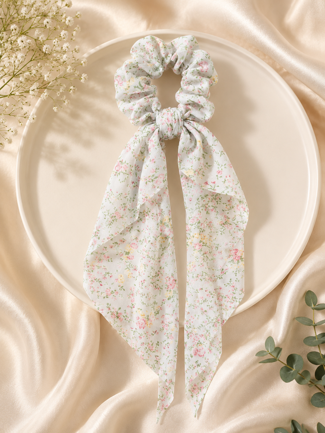 White Floral Scrunchie