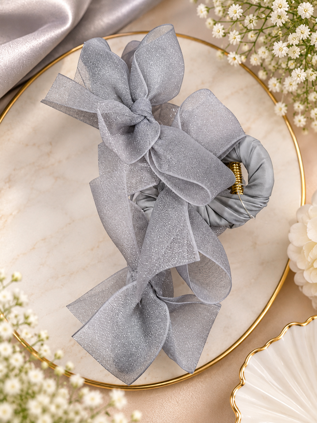 Grey Glitter Bow Hair Clutcher