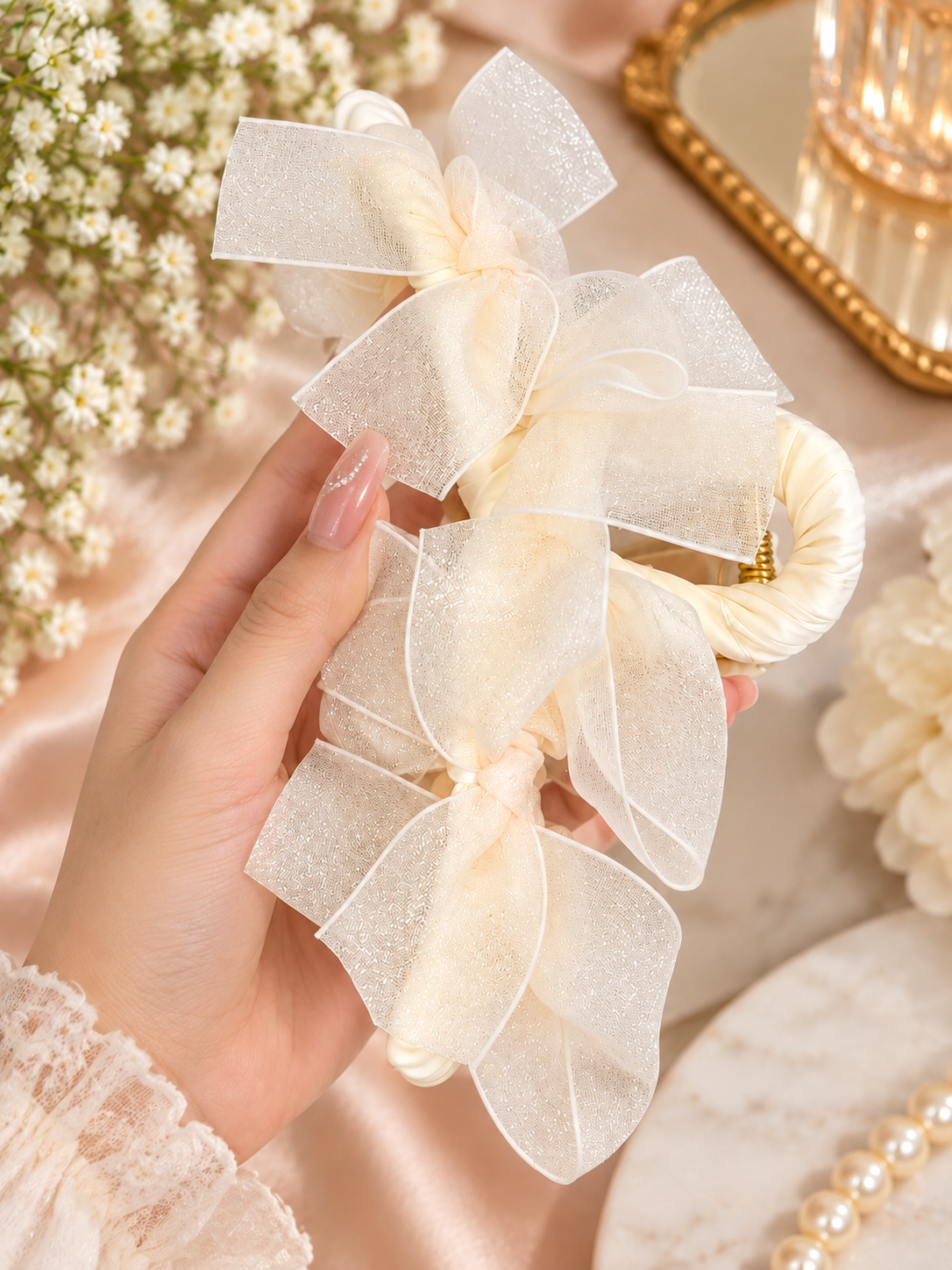 Ivory Glitter Bow Hair Clutcher