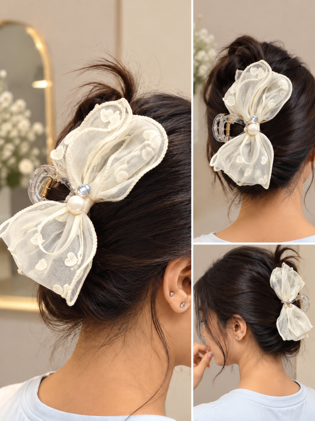 Ivory Pearl Floral Bow Hair Clutcher