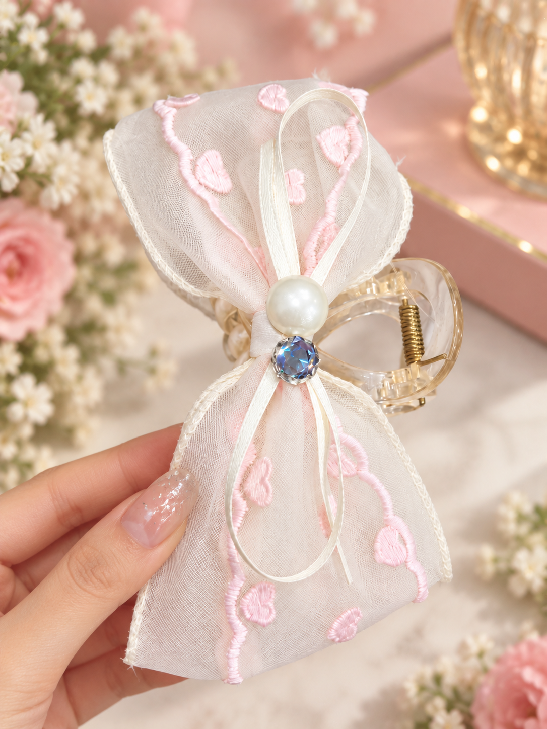 White Pink Heart Bow Hair Clutcher
