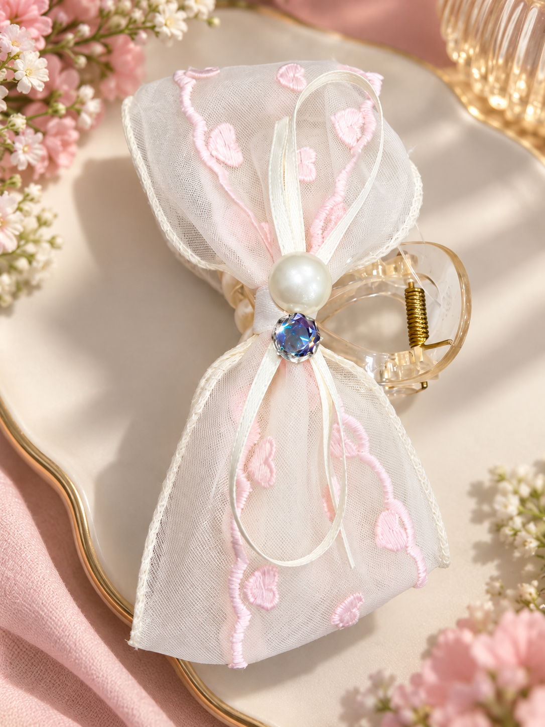White Pink Heart Bow Hair Clutcher