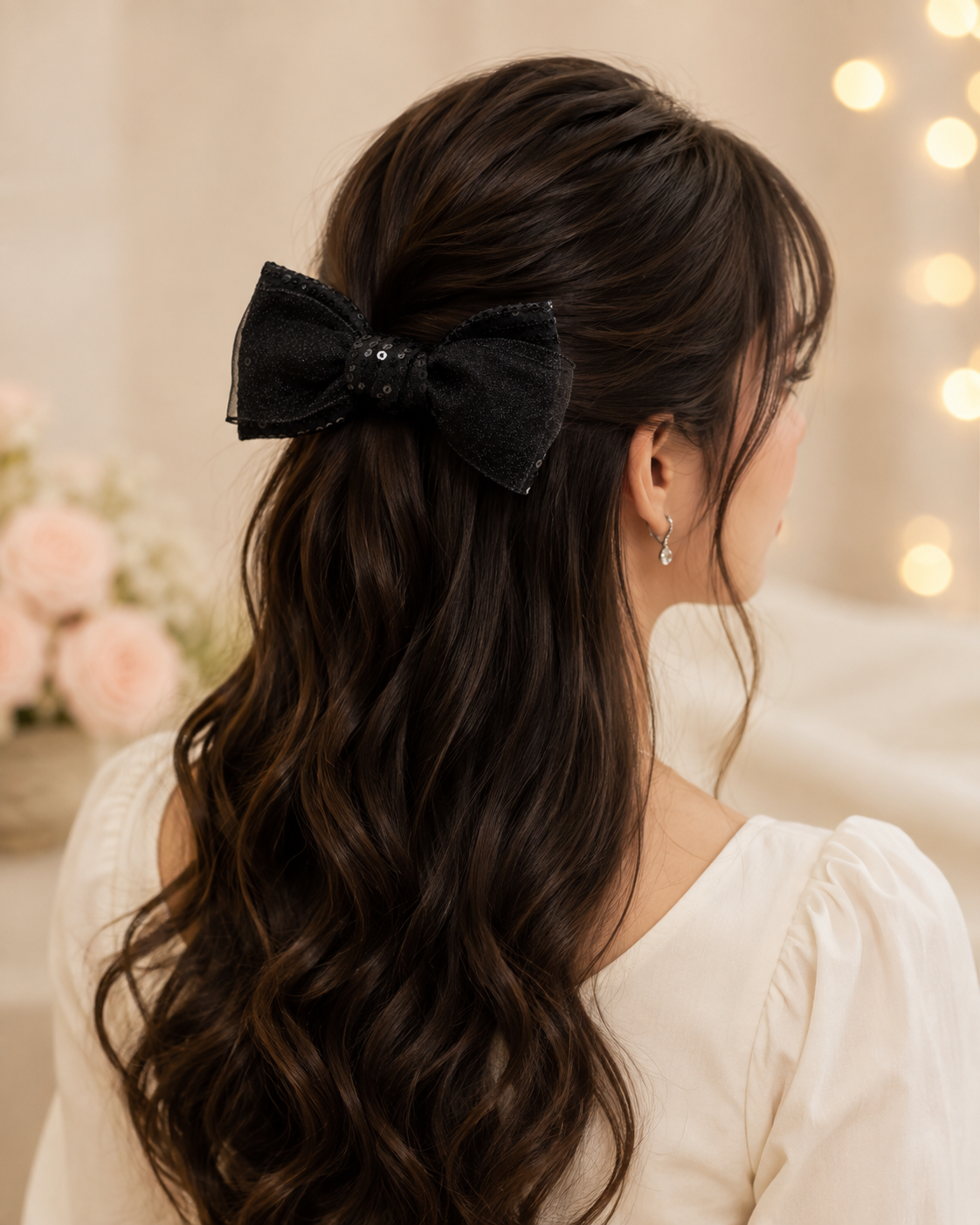 Black Sequin Organza Hair Bow