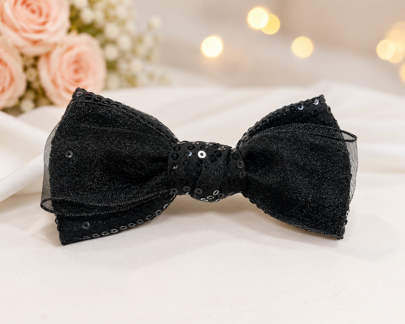 Black Sequin Organza Hair Bow