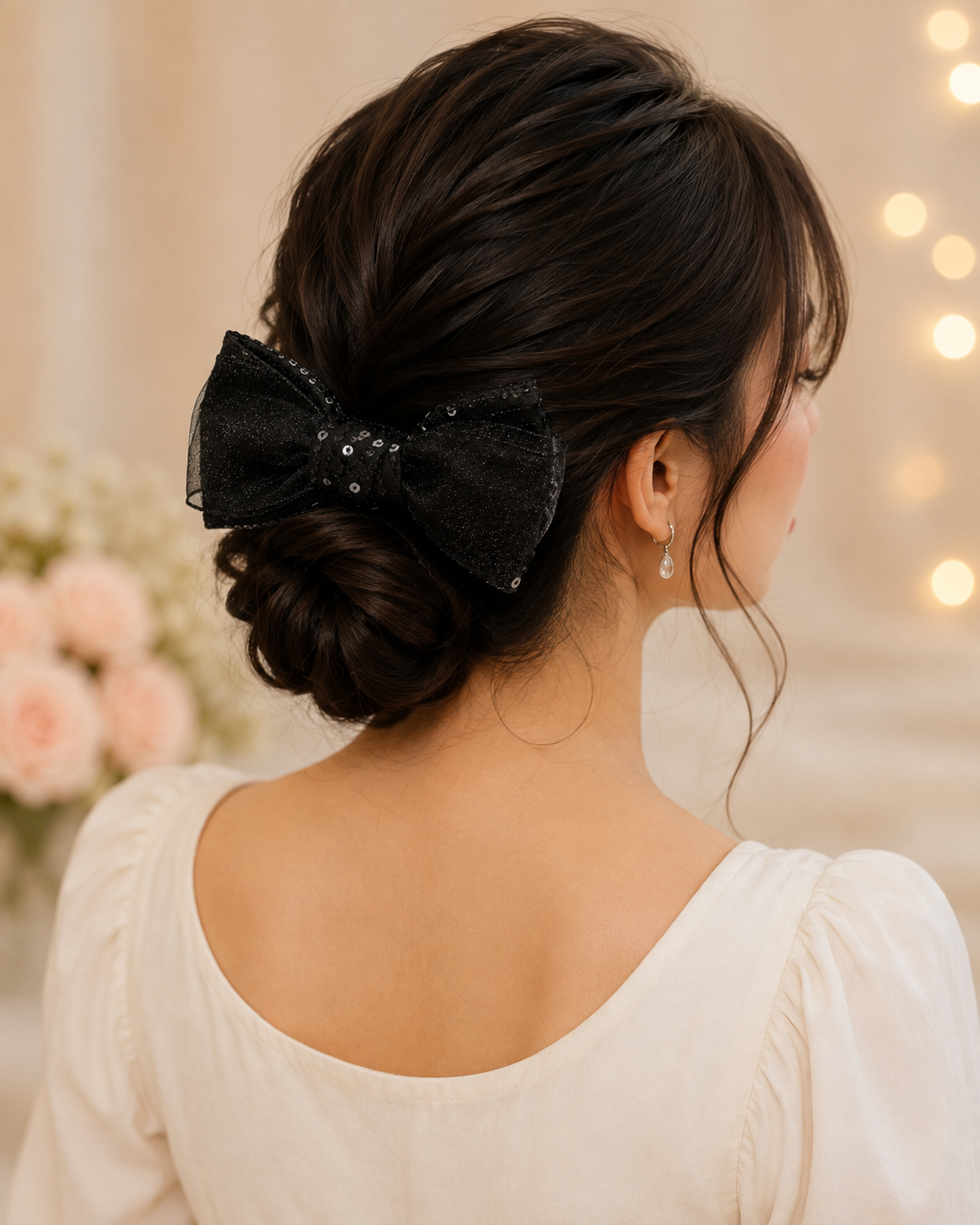 Black Sequin Organza Hair Bow