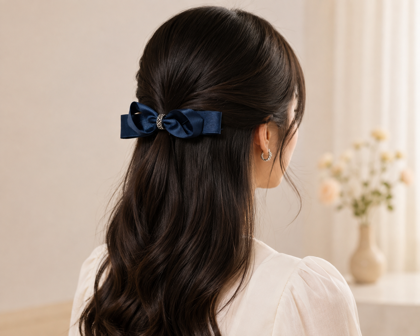 Navy Blue Rhinestone Satin Hair Bow
