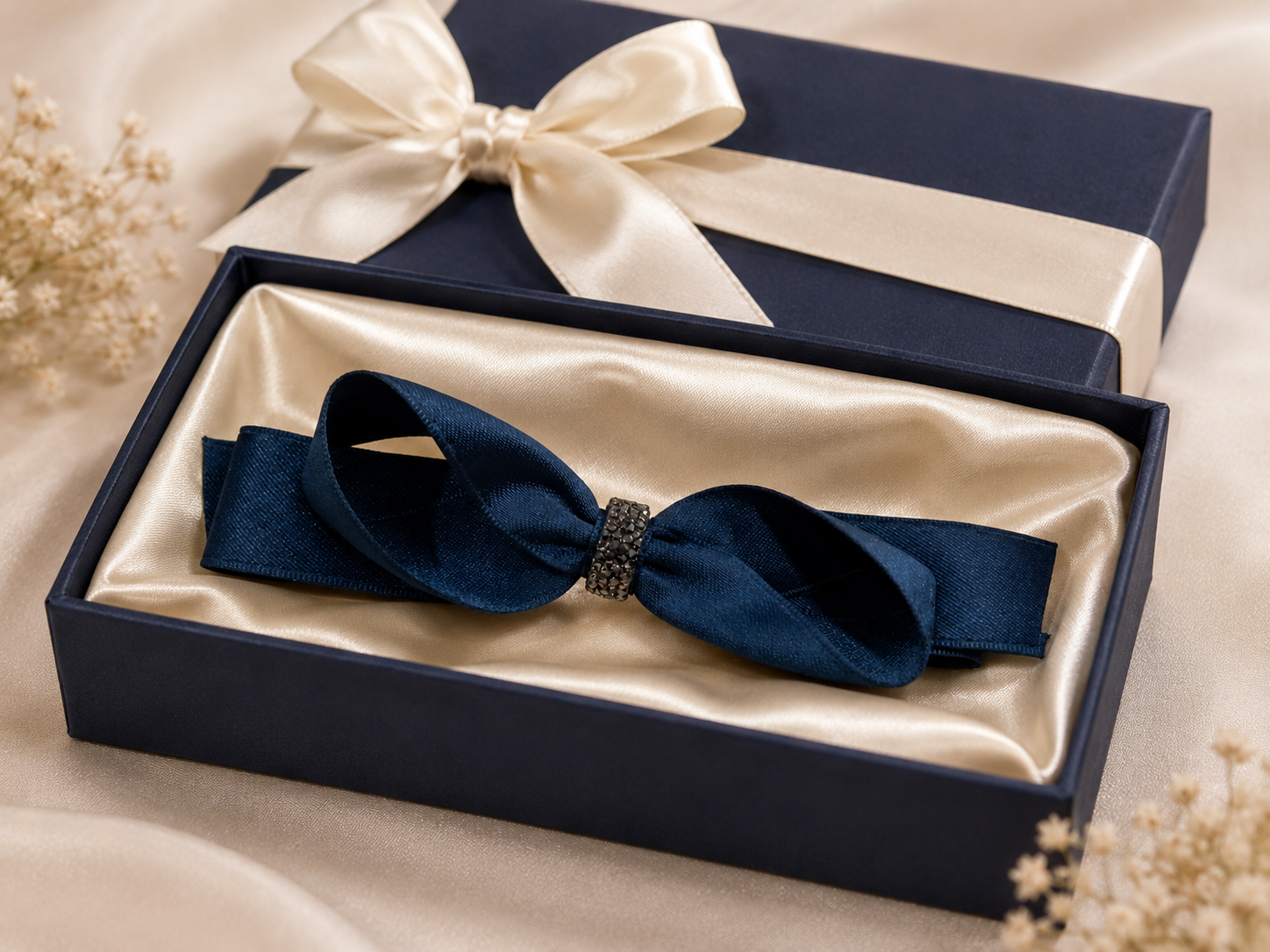 Navy Blue Rhinestone Satin Hair Bow