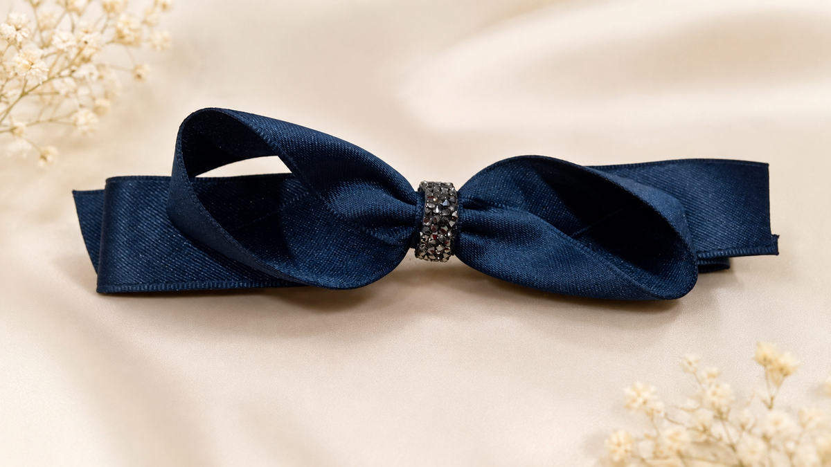 Navy Blue Rhinestone Satin Hair Bow