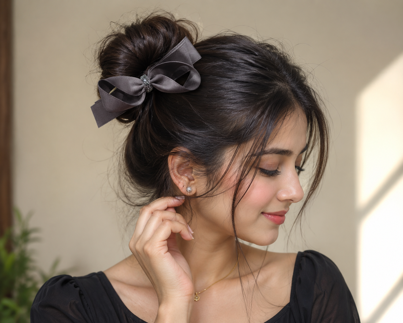 Dark Brown Rhinestone Satin Bow