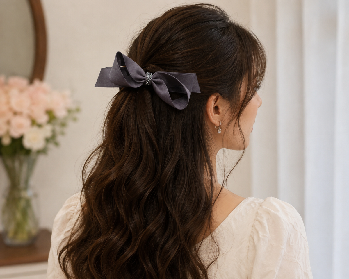 Dark Brown Rhinestone Satin Bow