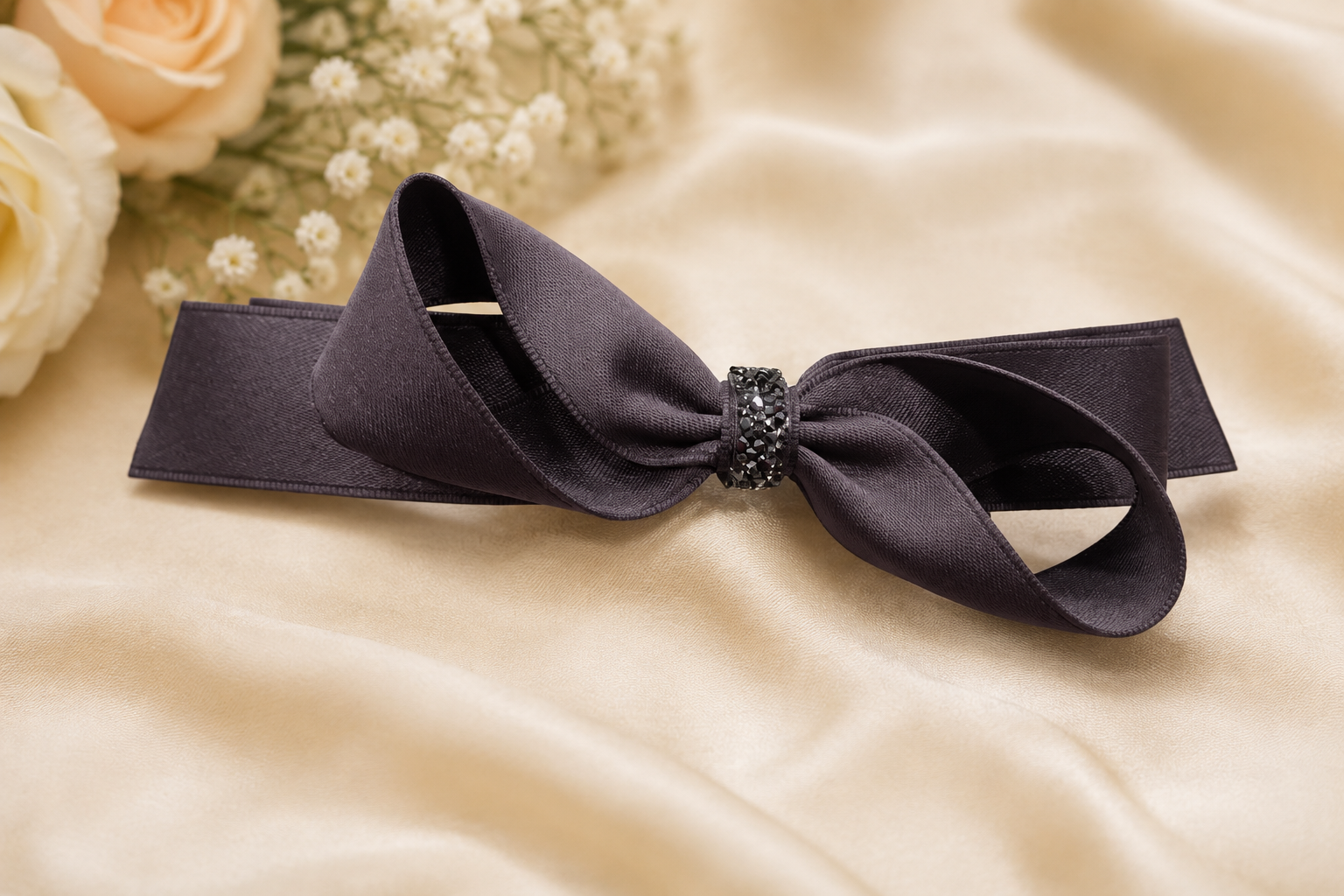Dark Brown Rhinestone Satin Bow