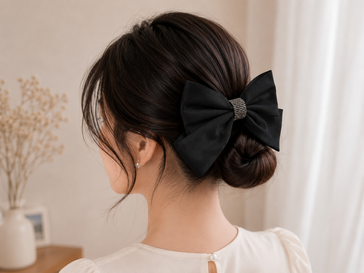 Black Satin Bow Hair Clip with Rhinestone Center