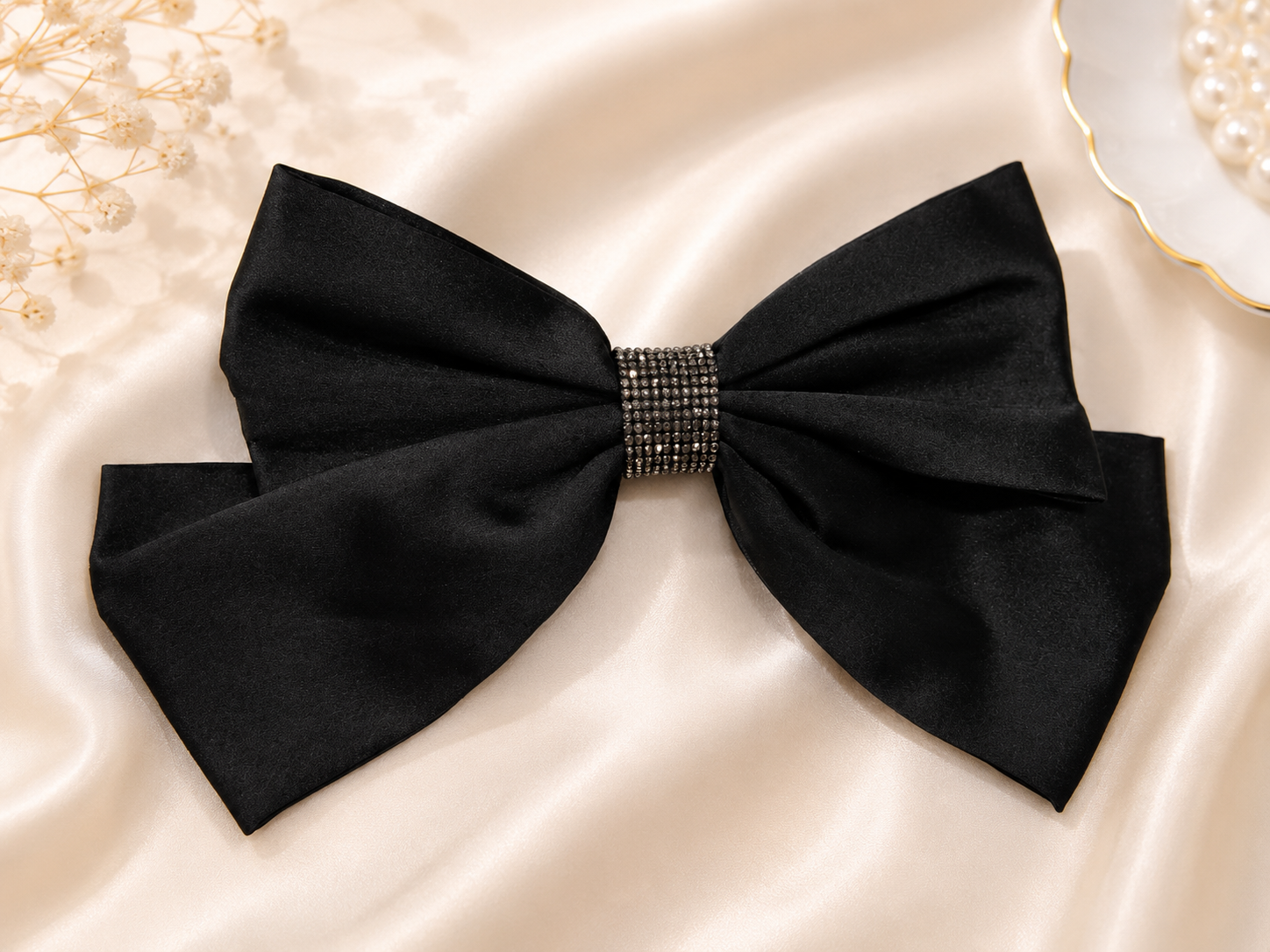 Black Satin Bow Hair Clip with Rhinestone Center