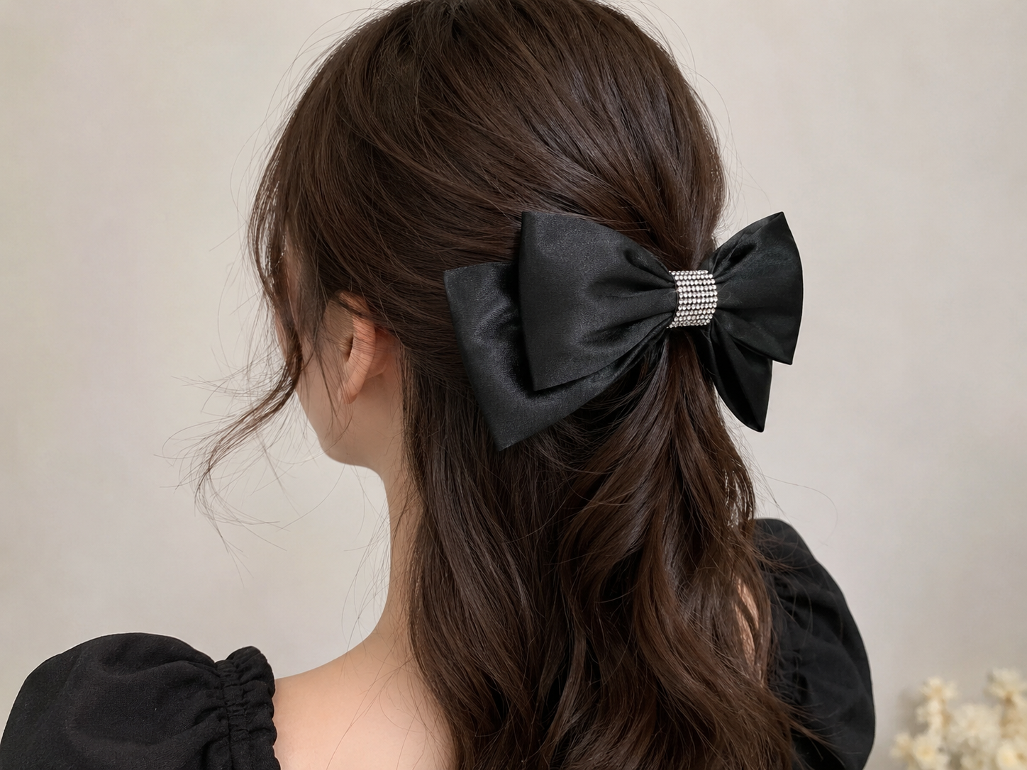 Black Satin Bow Hair Clip with Rhinestone Center