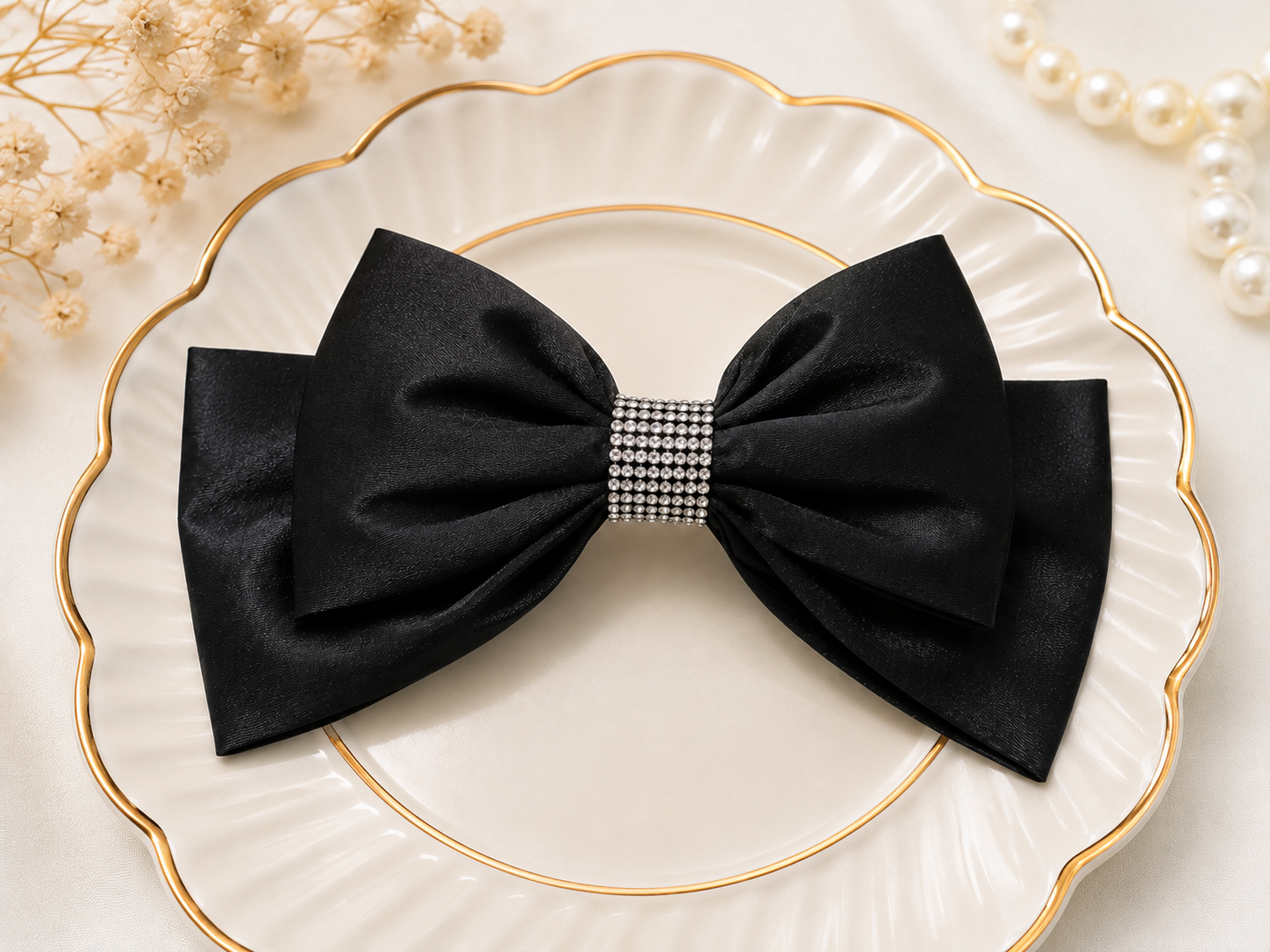 Black Satin Bow Hair Clip with Rhinestone Center