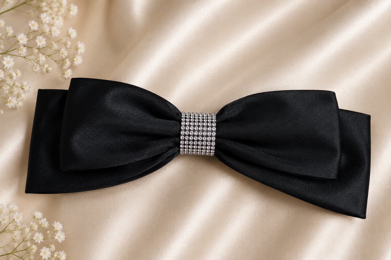 Black Satin Bow Hair Clip with Rhinestone Center