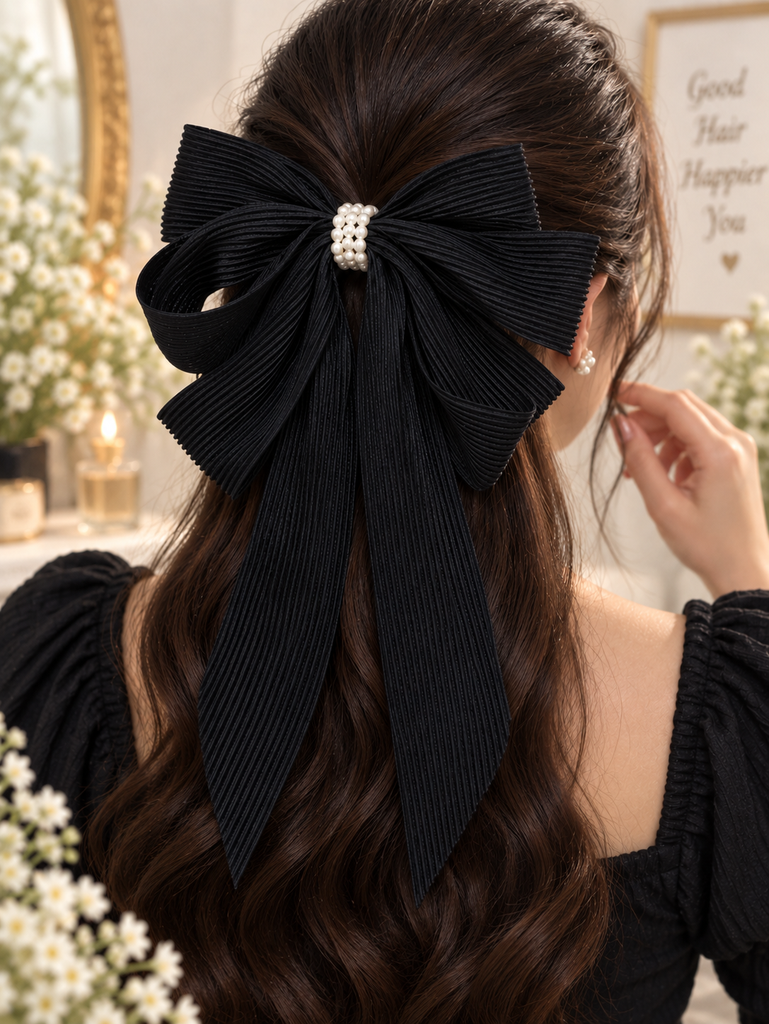 Black Pleated Hair Bow