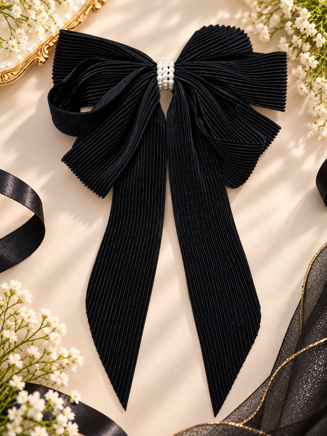 Black Pleated Hair Bow