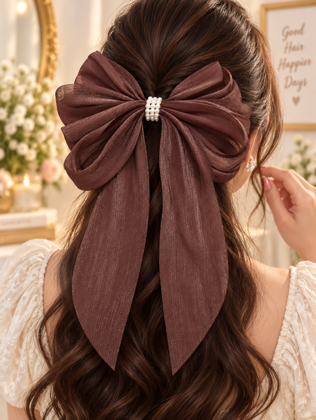 Brown Pearl Hair Bow