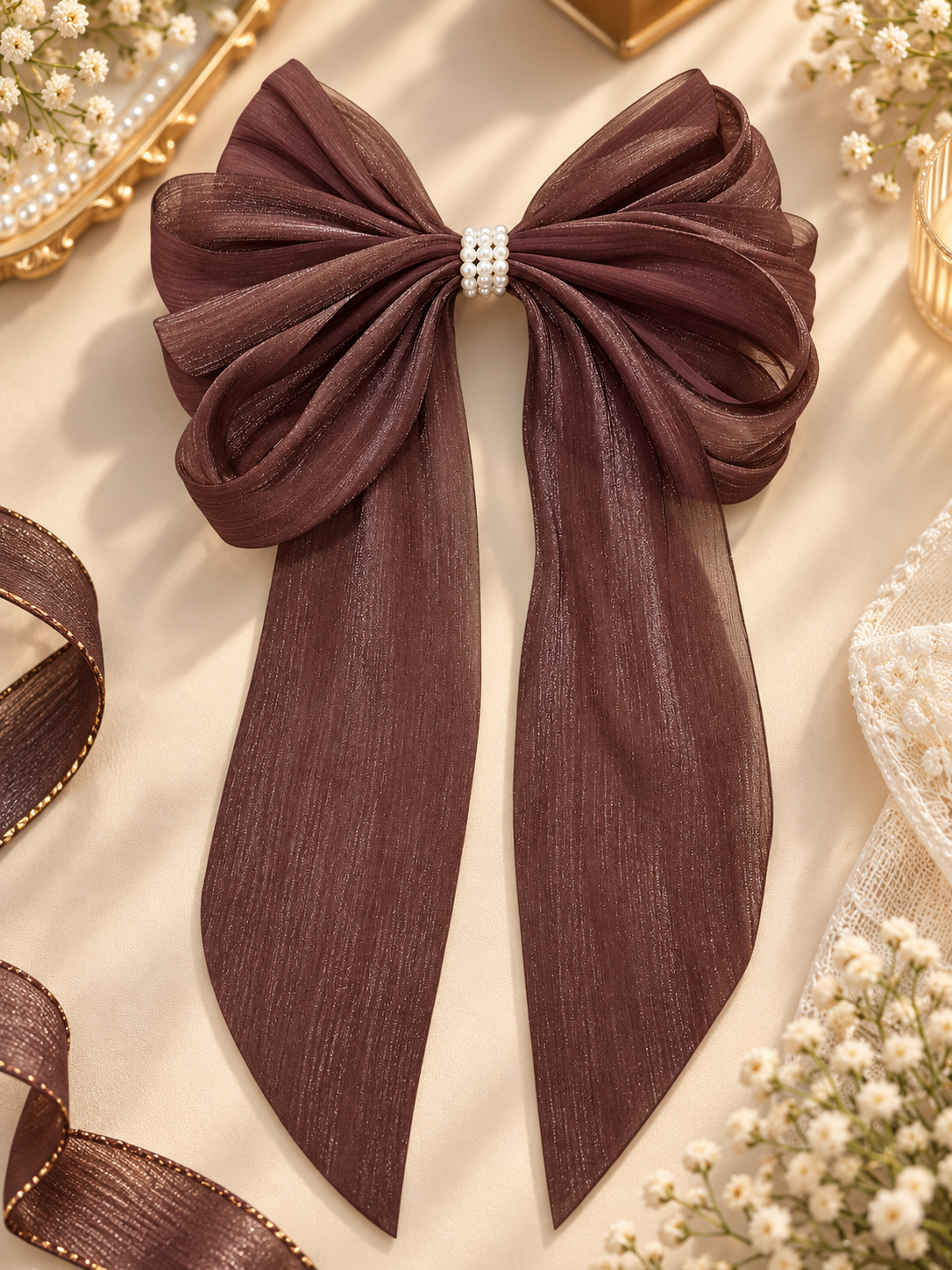 Brown Pearl Hair Bow